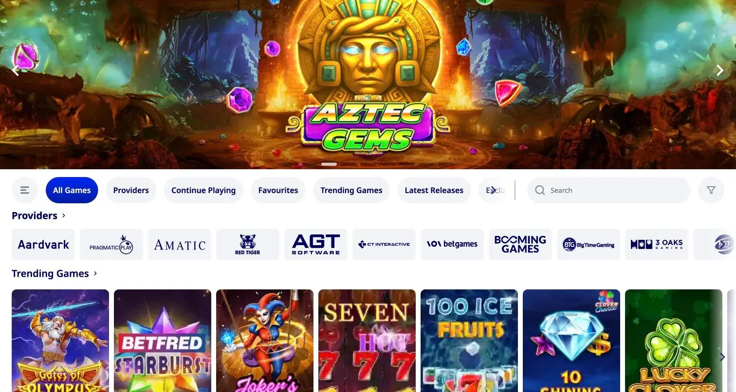 Betfred slots lobby with provider filters for Pragmatic Play, Amatic, Red Tiger and AGT and trending games