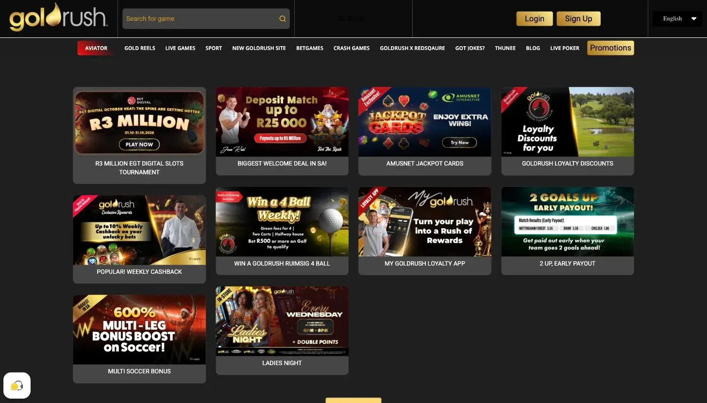 Goldrush promotions page with the R25,000 deposit match, weekly cashback, Amusnet Jackpot Cards and the R3 million EGT slots tournament