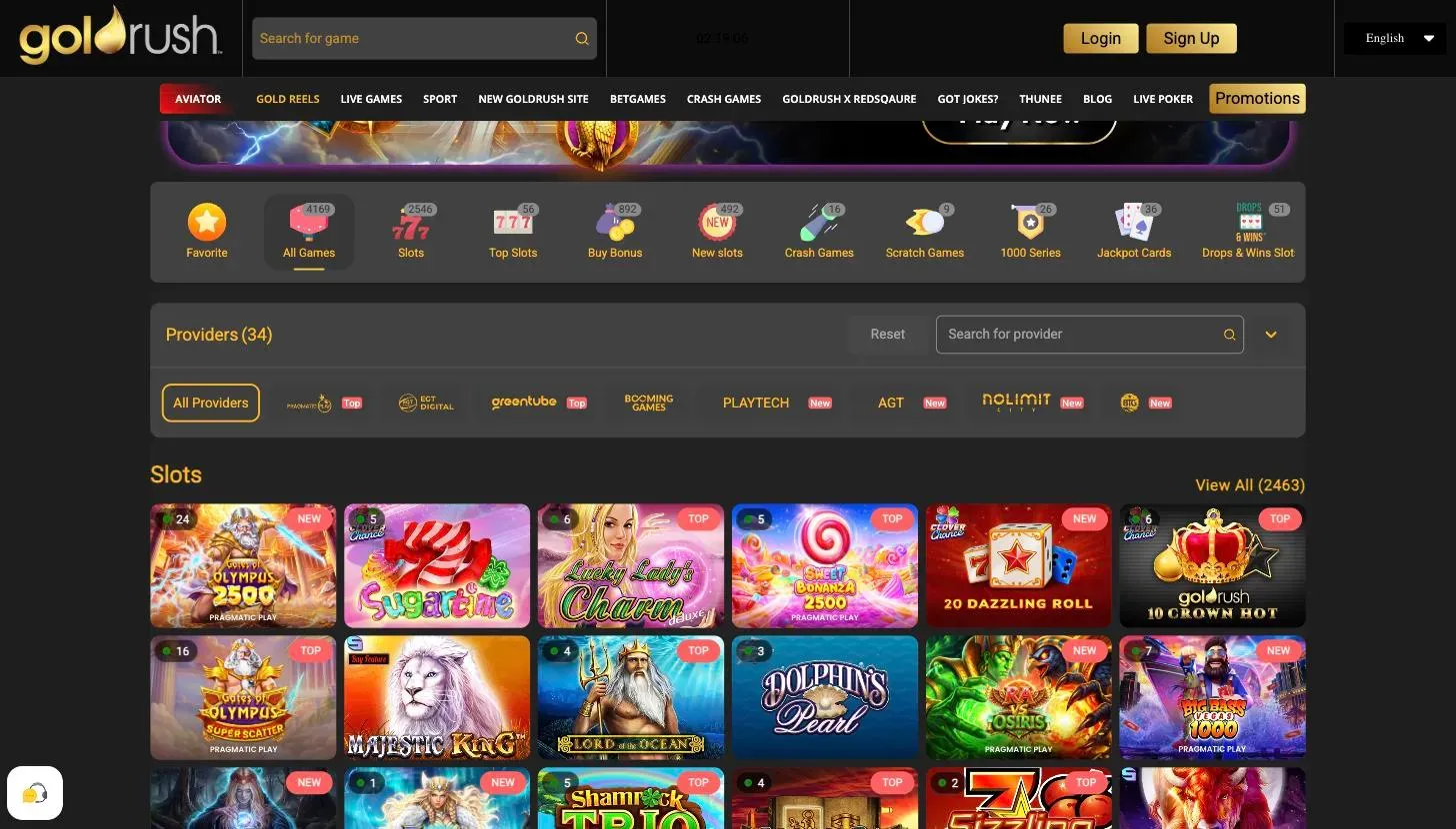 Goldrush Gold Reels slots lobby with categories such as Buy Bonus, Jackpot Cards and Drops & Wins and providers including Pragmatic Play, EGT Digital and Greentube