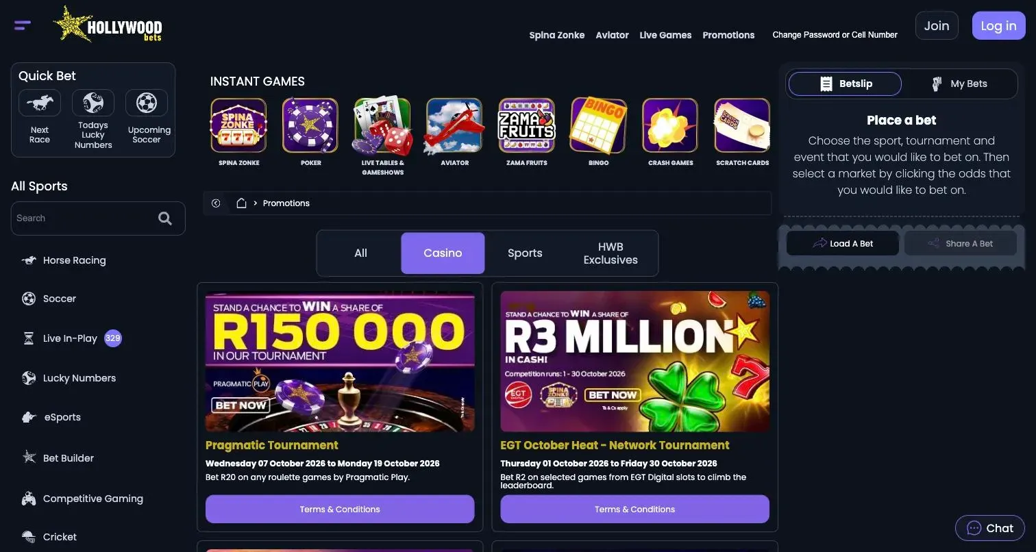Hollywoodbets casino promotions page with the Pragmatic Play R150,000 roulette tournament and EGT’s R3 million October network tournament