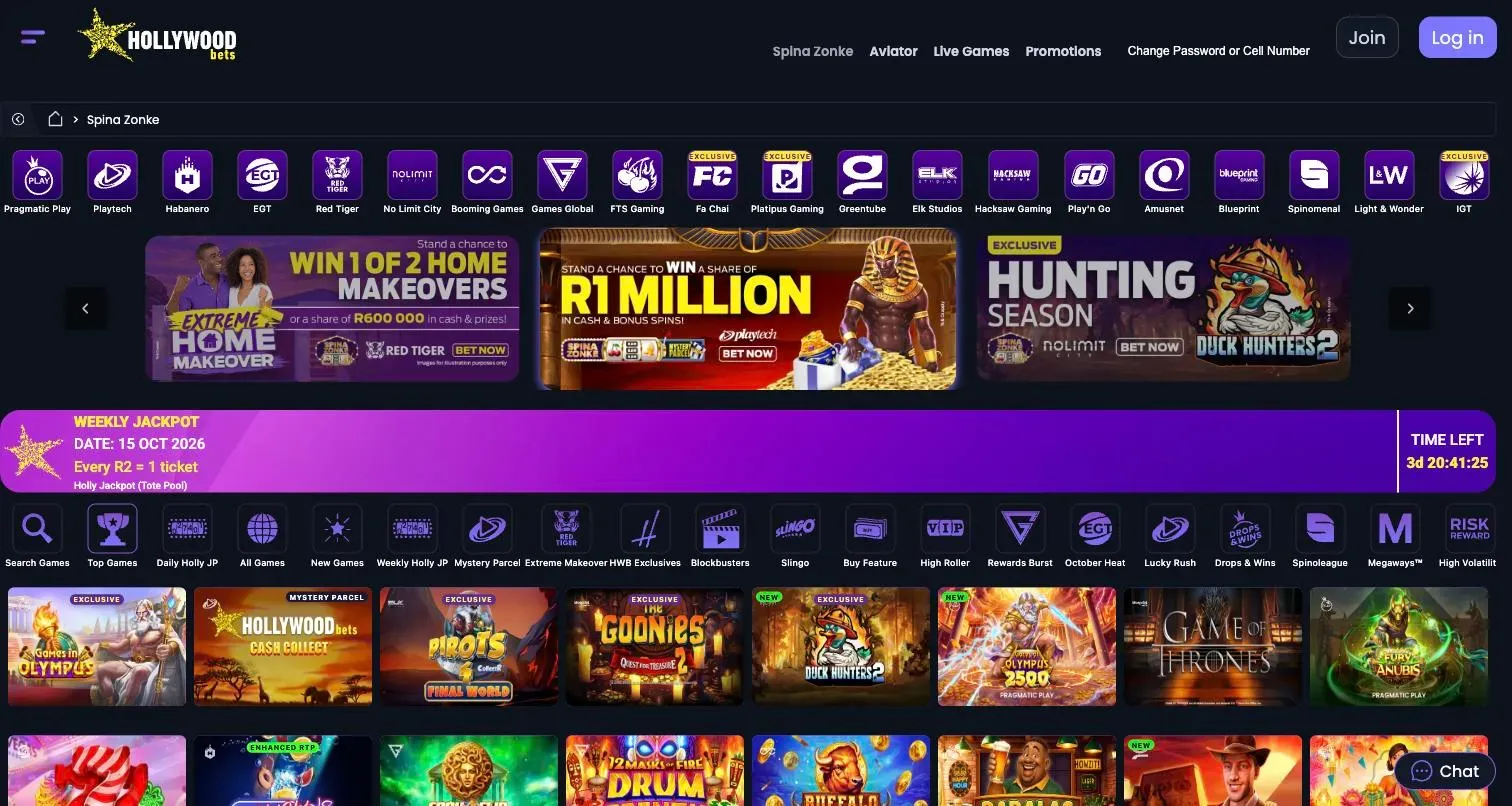Hollywoodbets Spina Zonke slots lobby with studio shortcuts for Pragmatic Play, Playtech, Habanero, EGT, Red Tiger and Hacksaw Gaming