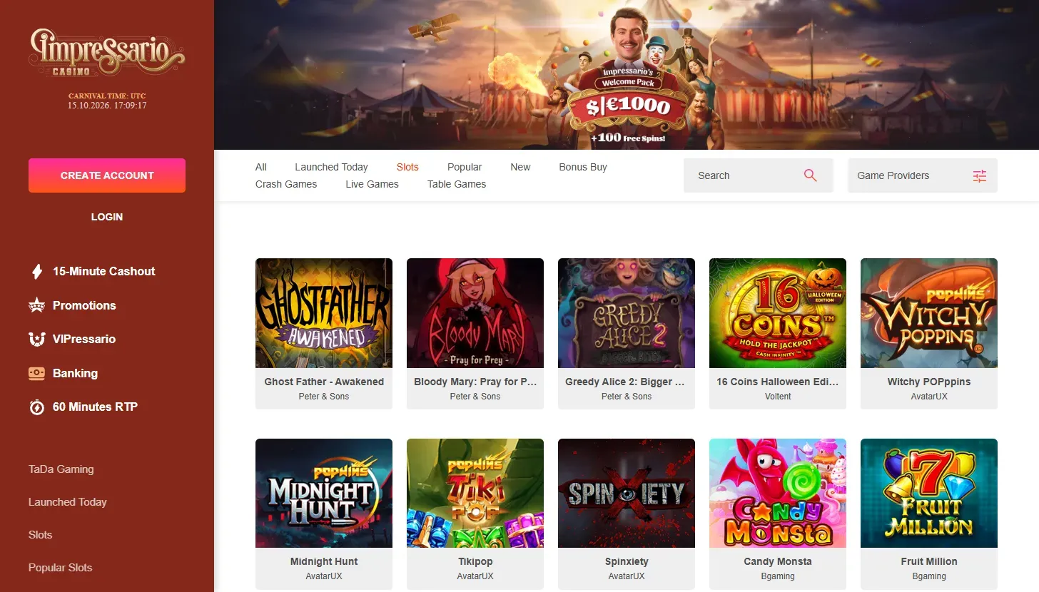 Impressario slots lobby with new releases from Peter &amp; Sons, AvatarUX, Voltent and BGaming and the Game Providers filter