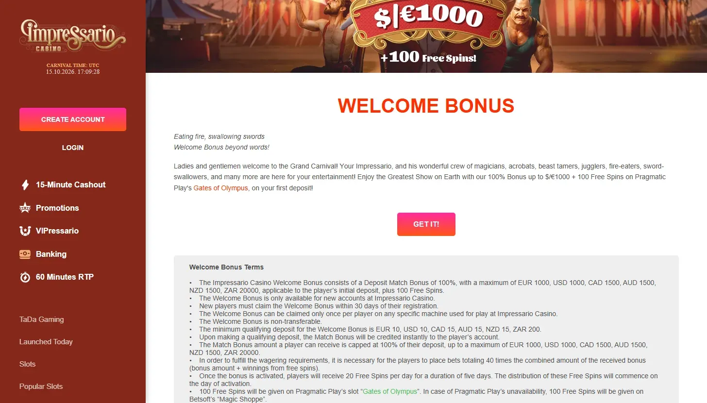 Impressario welcome bonus page showing the 100% match up to ZAR 20,000 plus 100 free spins and the start of the bonus terms