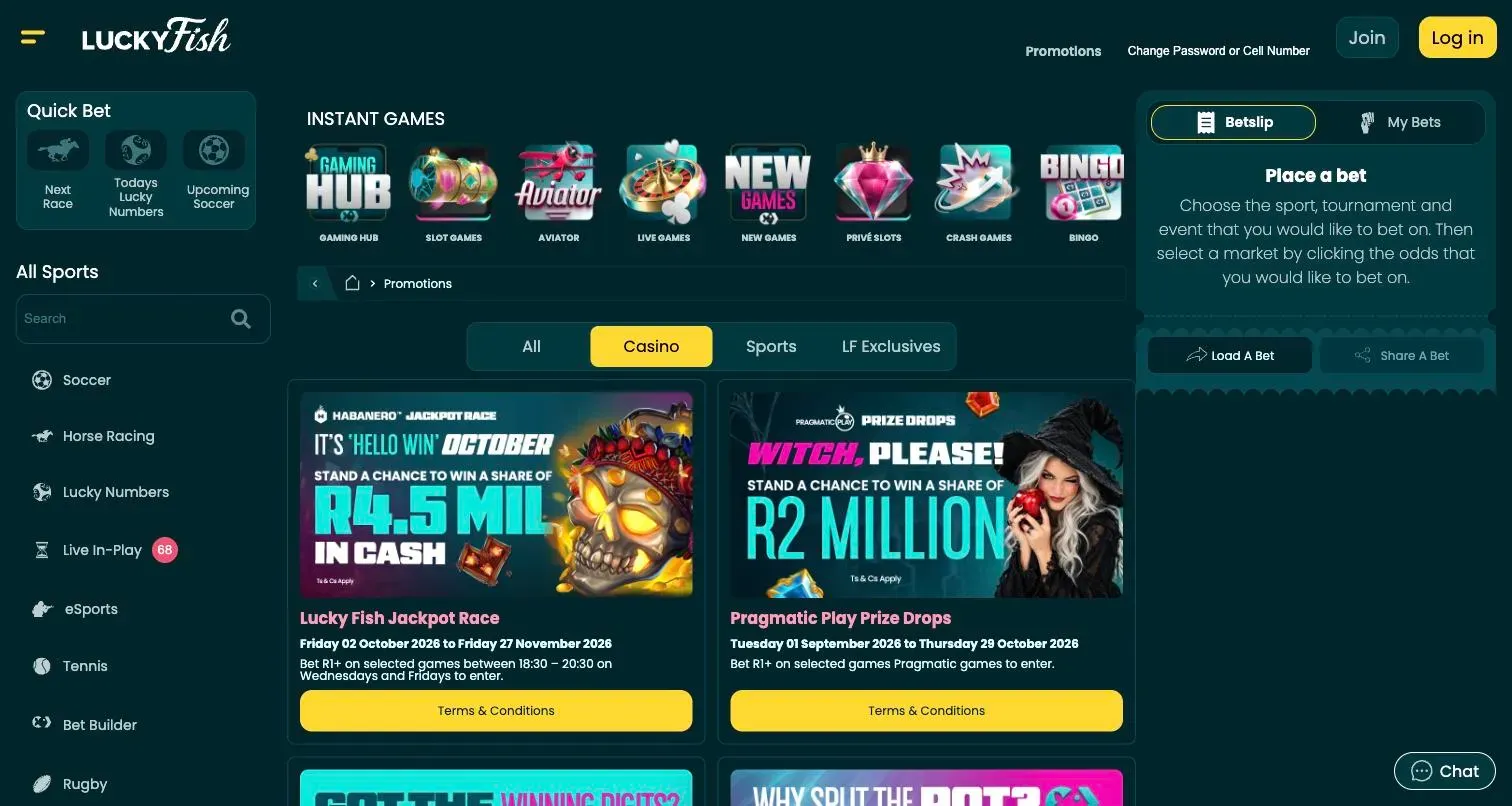 Lucky Fish casino promotions including the Habanero jackpot race and Pragmatic Play prize drops