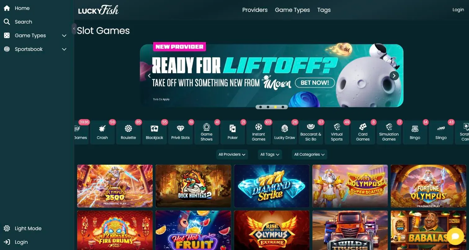 Lucky Fish slot games lobby with filters for crash games, roulette, blackjack, Privé slots and Slingo