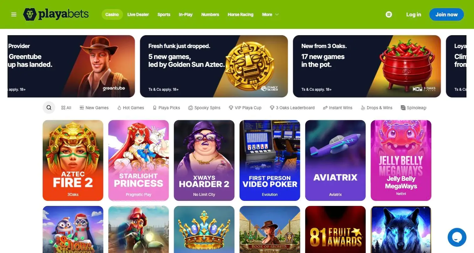Playabets casino lobby with new-game banners and slots from 3 Oaks, Pragmatic Play, No Limit City and NetEnt