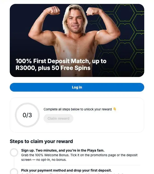 Playabets welcome bonus page offering a 100% first deposit match up to R3,000 plus 50 free spins