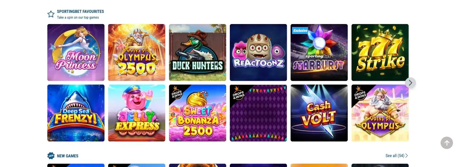 Sportingbet casino lobby with Sportingbet favourites including Gates of Olympus 2500, Reactoonz and an exclusive Starburst