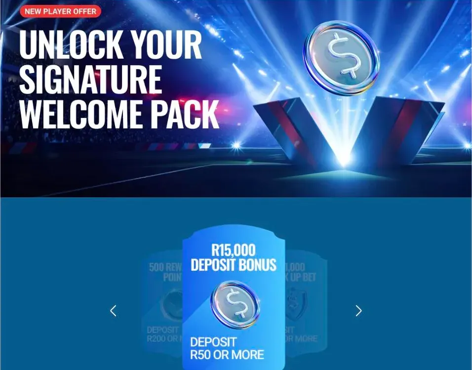 Sportingbet Signature Welcome Pack page showing the R15,000 deposit bonus from a R50 deposit
