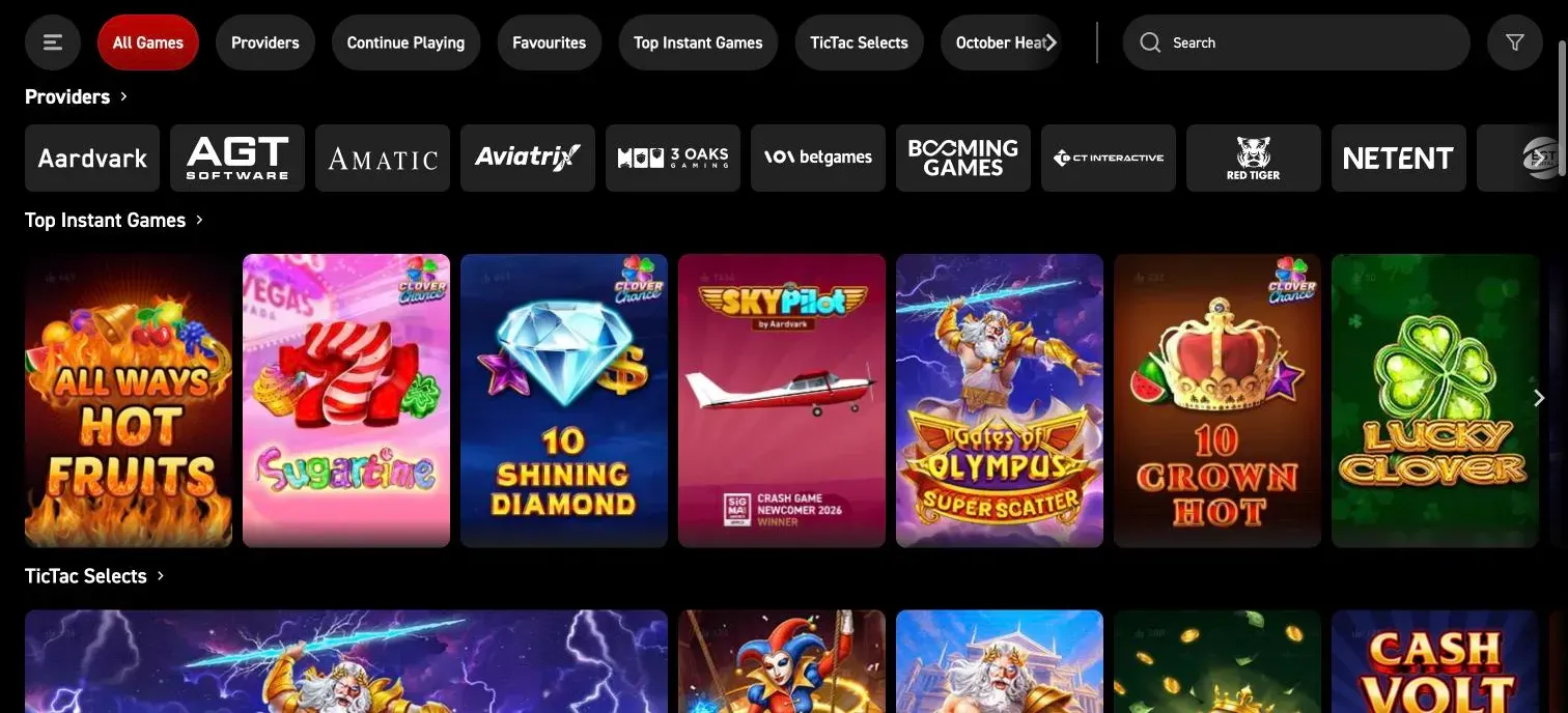 TicTacBets slots lobby with providers such as AGT, Amatic, 3 Oaks, Booming Games, Red Tiger and NetEnt