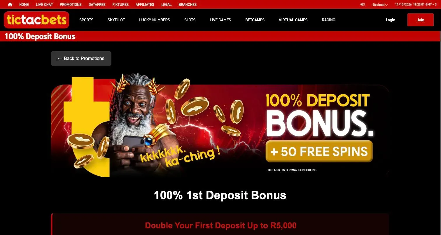 TicTacBets 100% first deposit bonus page, with a banner that also mentions 50 free spins