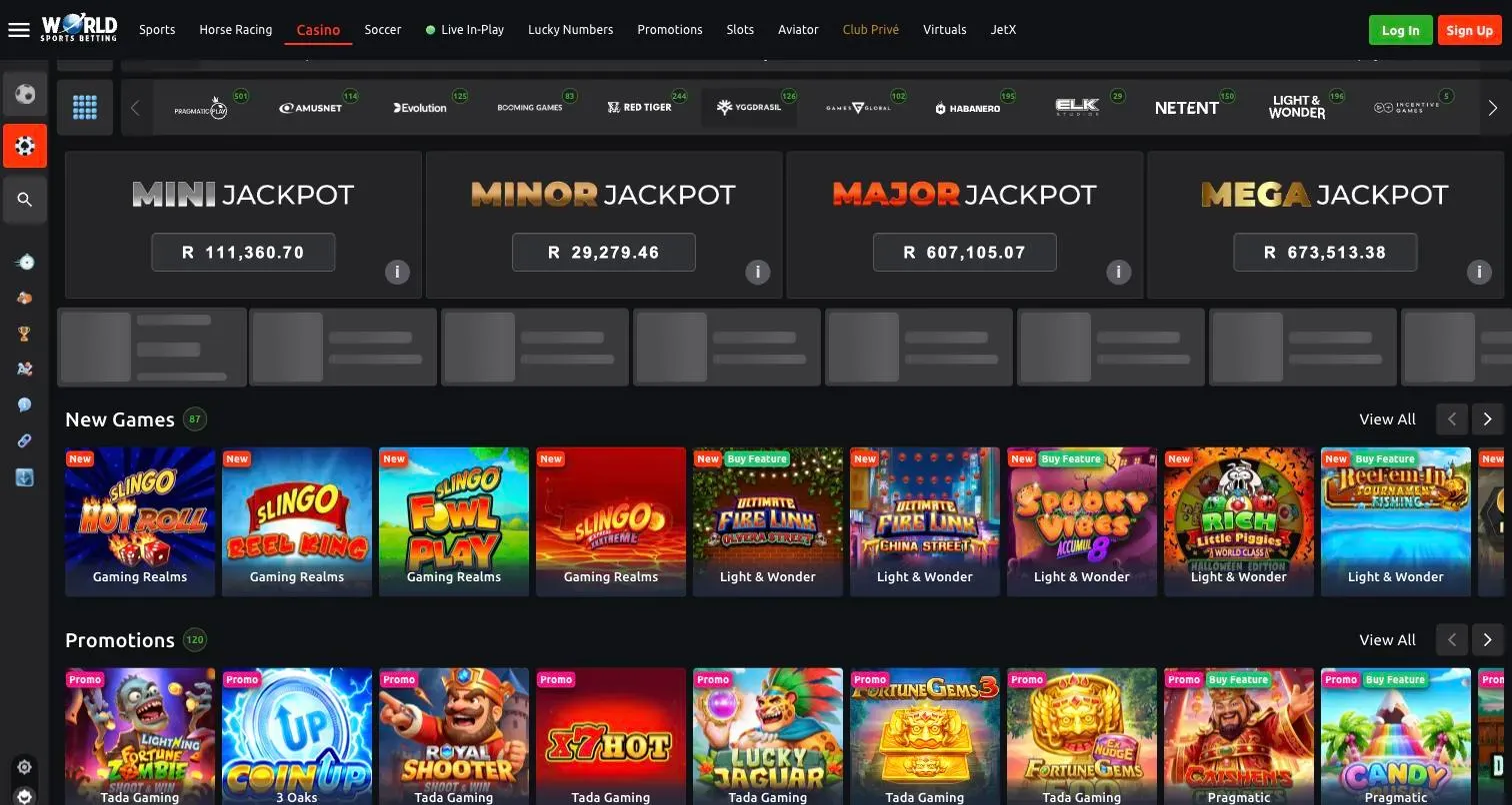 World Sports Betting casino lobby with studio filters, the Mini to Mega jackpot meters and new Slingo and Light & Wonder games