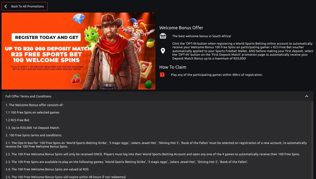 World Sports Betting welcome offer page: up to R20,000 deposit match, a R25 free sports bet and 100 welcome spins