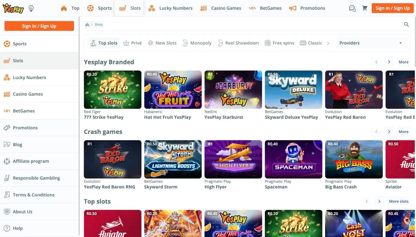 YesPlay slots lobby