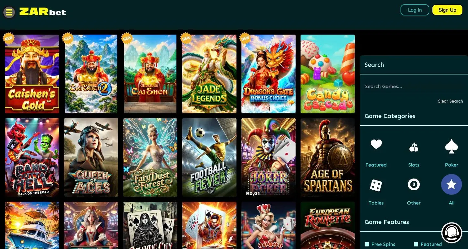 ZARbet games lobby with ZARbet slots and table games and the category filters for slots, poker and tables