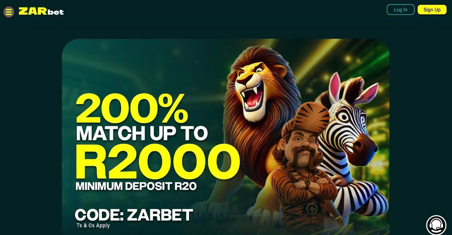 ZARbet welcome offer banner: 200% match up to R2,000 from a R20 deposit with the code ZARBET